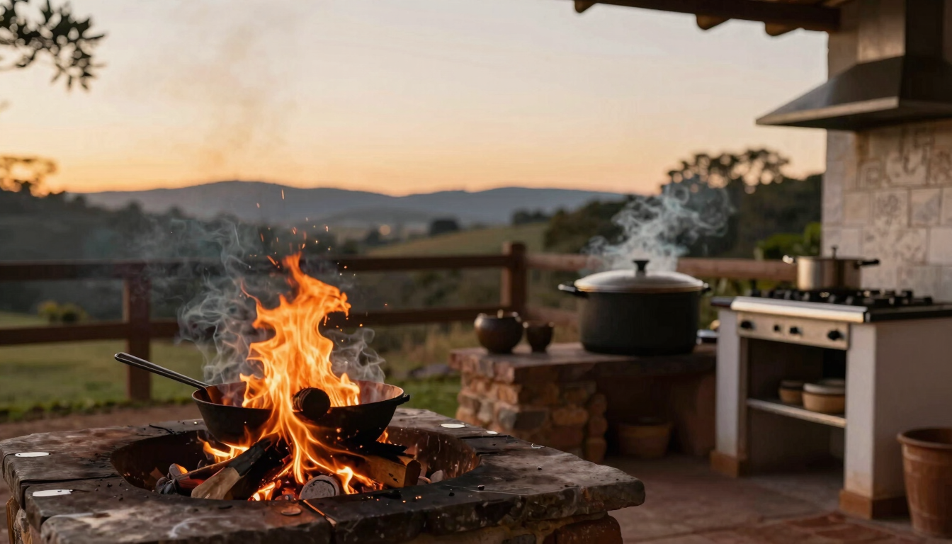Wide panoramic shot of an outdoor rustic kitchen setup in Paysandú at golden hour, a warm fire burning slowly under an iron pot, soft smoke rising.