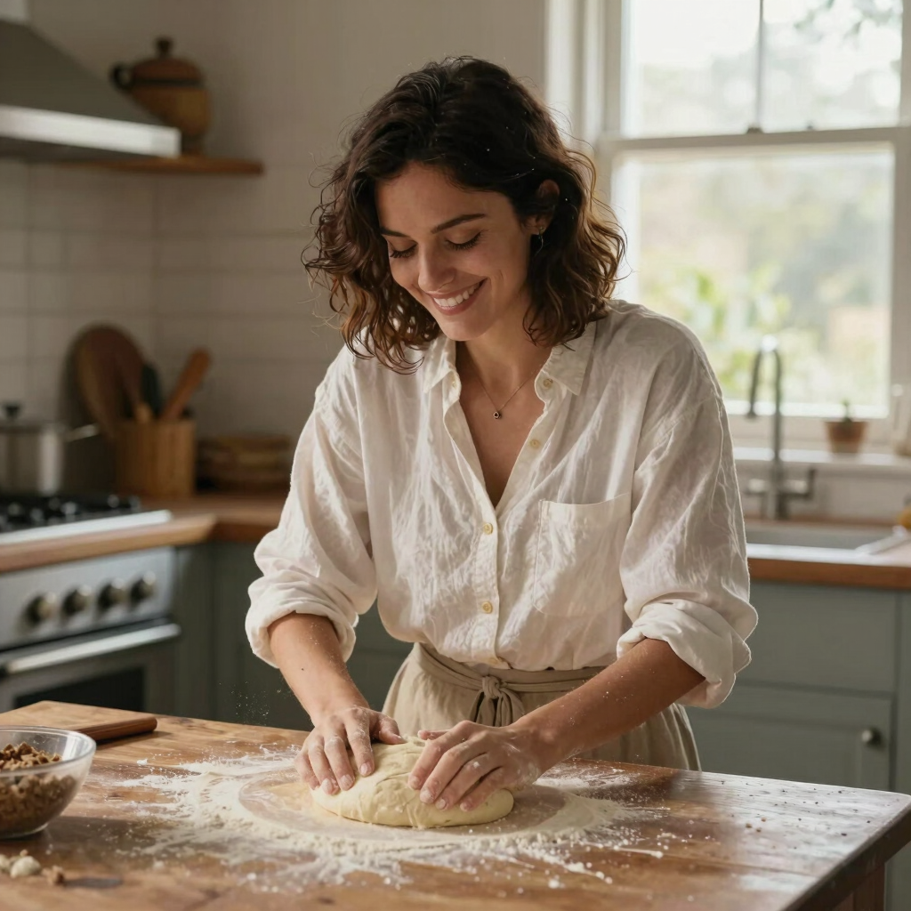 Medium action shot of Belén Mazzilli smiling in her warm kitchen in Paysandú, kneading dough on a rustic wooden table illuminated by soft morning window light.