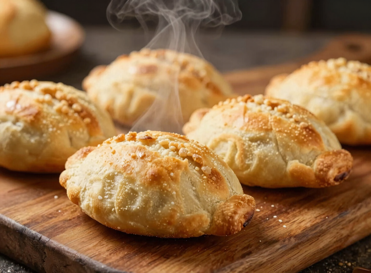 Close-up of golden, freshly baked traditional Uruguayan pastries on a rustic wooden board, steam rising gently, warm lighting highlighting the textures.
